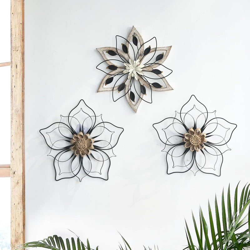 Remenna Metal Flowers Wall Decor, Metal Rustic Wall Art Decoration Farmhouse Wall Decorations Multiple Floral Hanging Decor for Bathroom Living Room Home Office Garden Kitchen (Black -2) - Image 3
